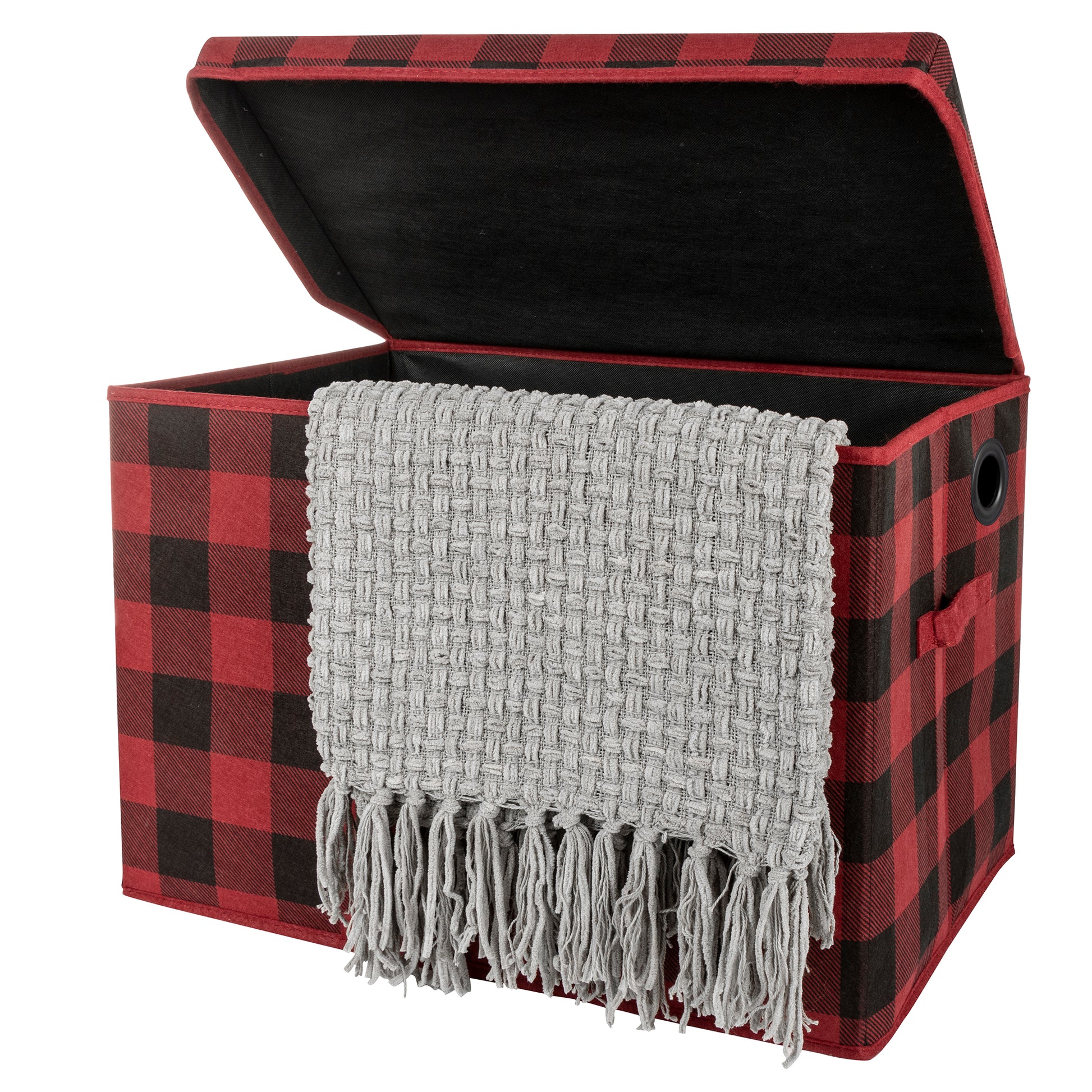 Buffalo Check Felt Toy Box by Sammy & Lou® Angled with lid open with gray blanket peeking out