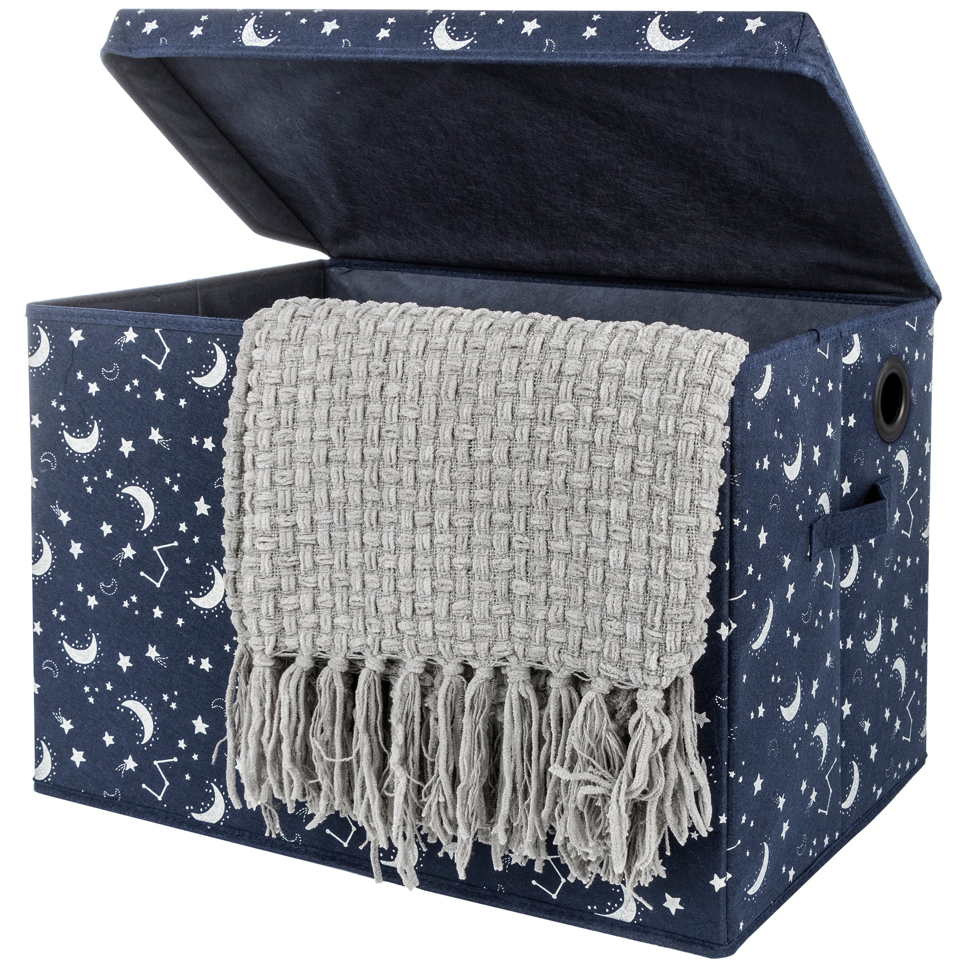 Constellation Felt Toy Box by Sammy & Lou® Angled with lid open with gray blanket peeking out