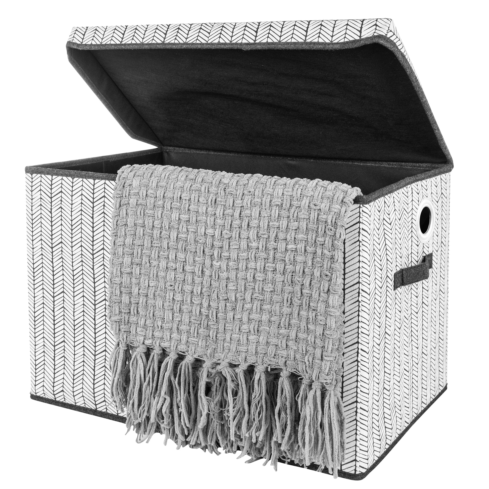 Herringbone Felt Toy Box by Sammy & Lou® Angled with lid open with gray blanket peeking out