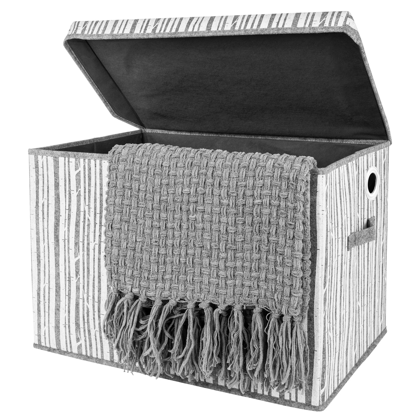 Birch Felt Toy Box by Sammy & Lou® Angled with lid open with gray blanket peeking out