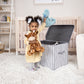 Birch Felt Toy Box by Sammy & Lou® with lid open with toys and stuffed animals inside and little girl pulling items out