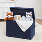 Navy Felt Toy Box by Sammy & Lou® with lid open with toys and stuffed animals peeking out