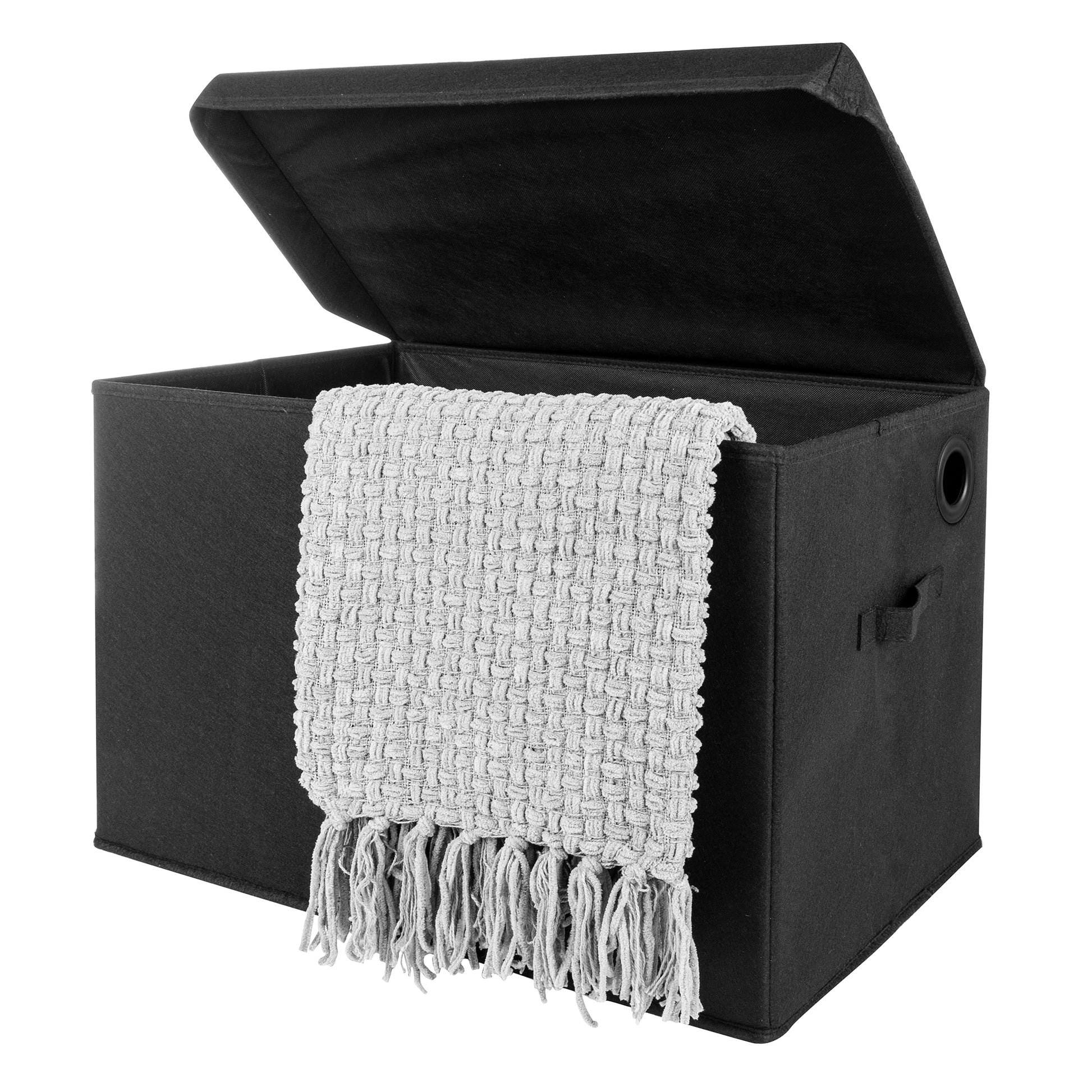 Black Felt Toy Box by Sammy & Lou® Angled with lid open with gray blanket peeking out
