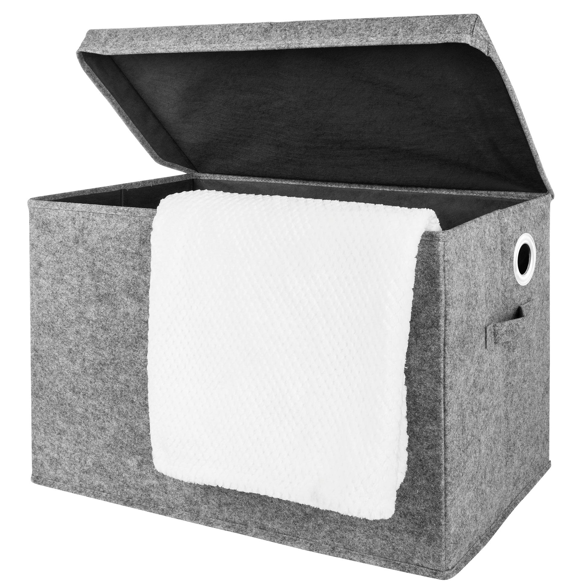 Gray Felt Toy Box by Sammy & Lou® Angled with lid open with white blanket peeking out