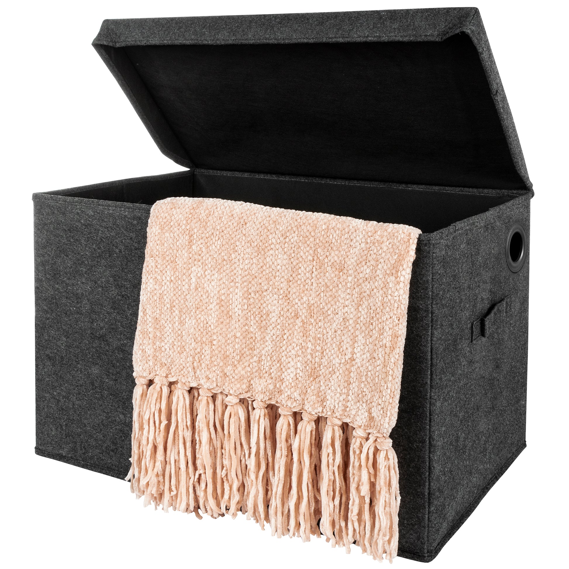Charcoal Gray Felt Toy Box by Sammy & Lou® Angled with lid open with pink blanket peeking out