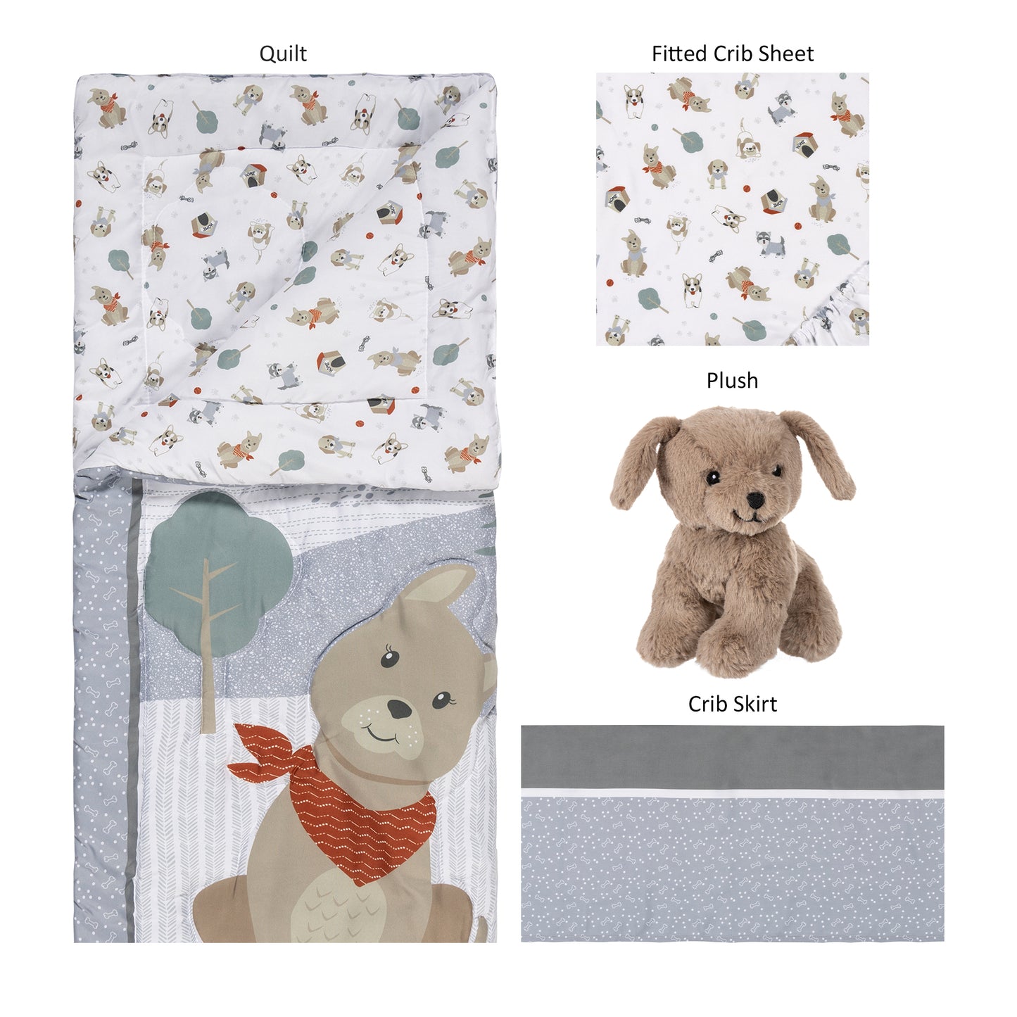 Fur-Ever Friends 4 Piece Crib Bedding Set; pieces laid out includes crib quilt, crib sheet, dog plush toy, and crib skirt