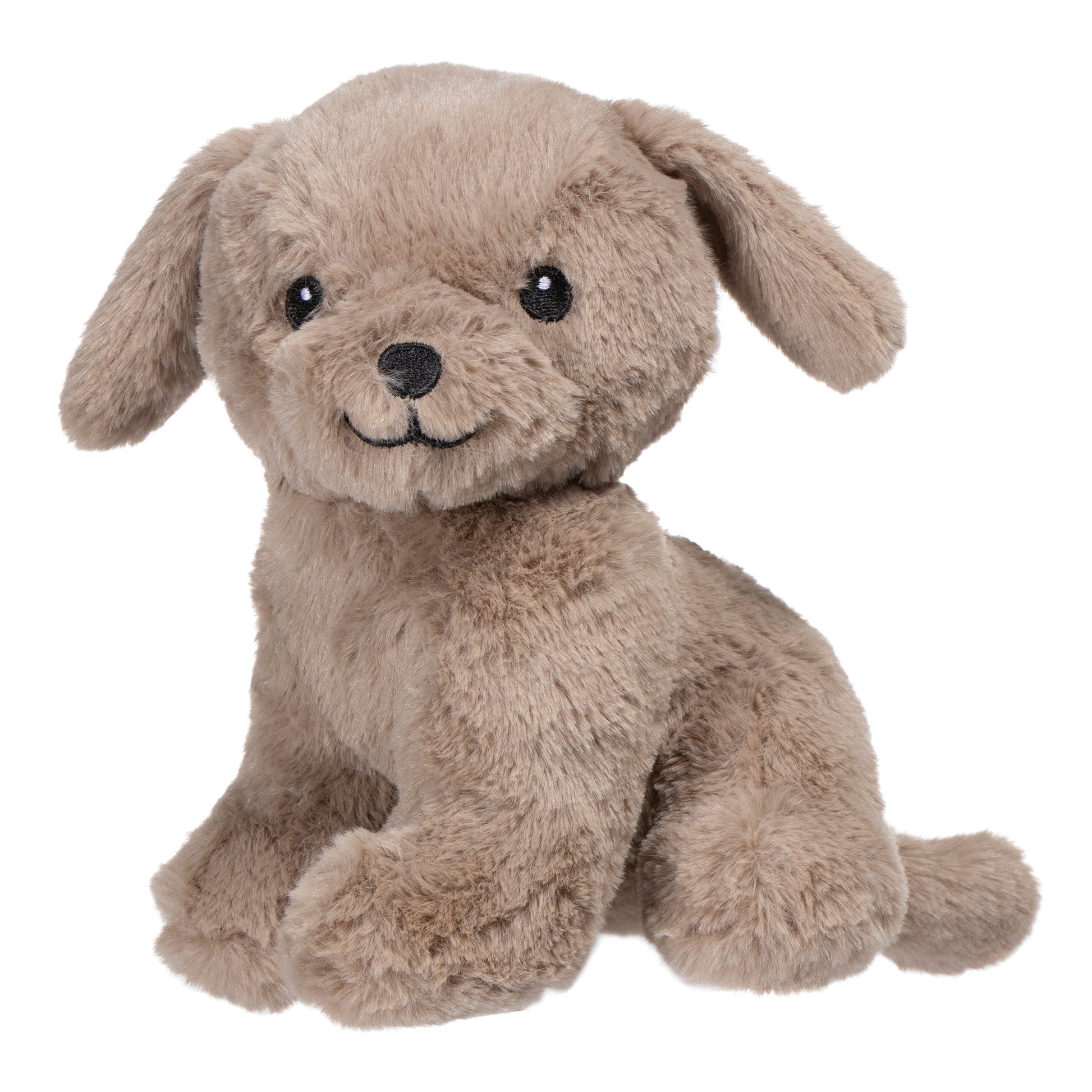 Dog plush toy is made of soft plush with a natural brown body, black embroidered face and measures 9 inches tall.