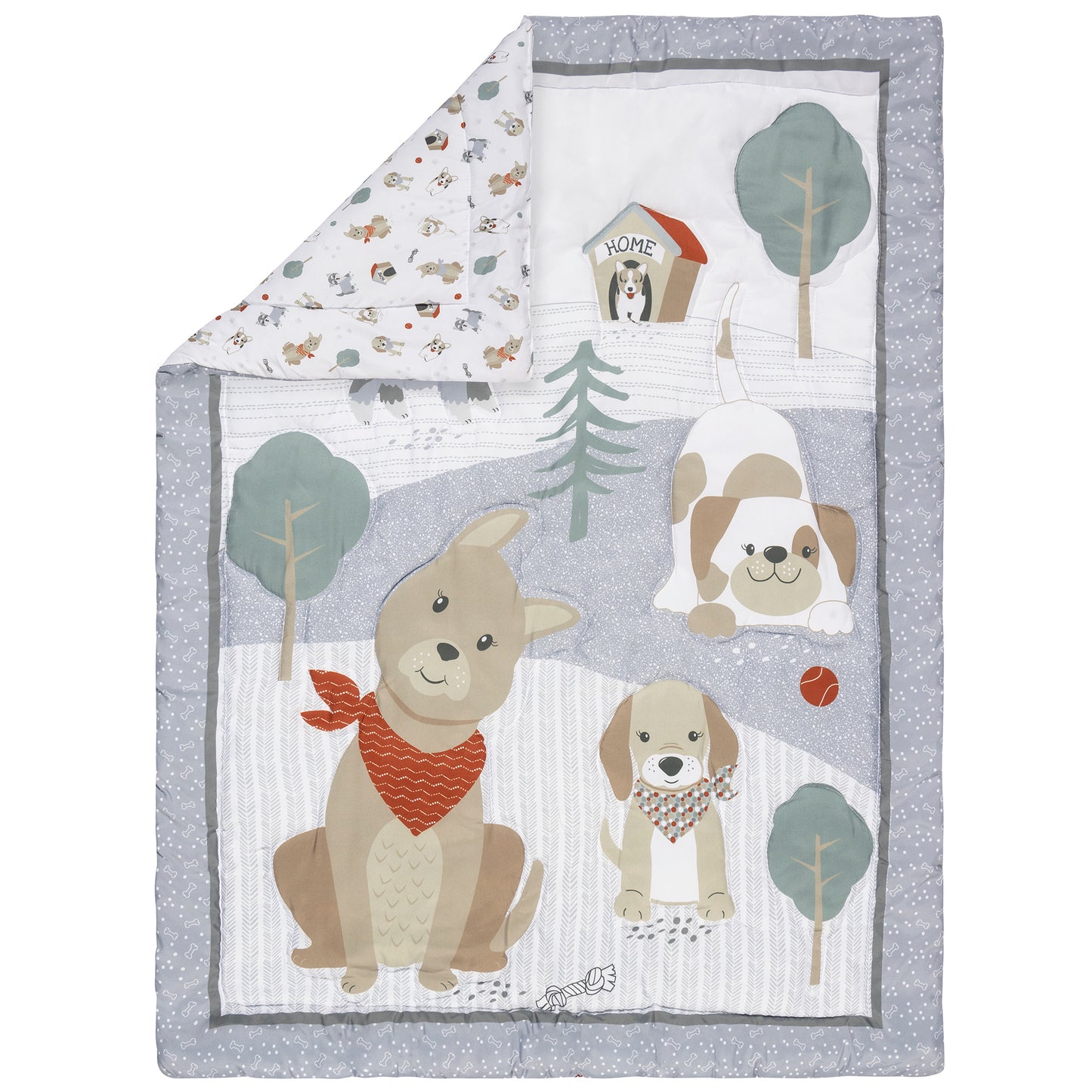 Nursery quilt measuring 35 in x 45 in and has five furry friends on the front with a glacier gray herringbone print, sketch gray dot print and a dog bone scatter print border. The back features illustrated puppy pals, paw prints, trees, dog toys and house