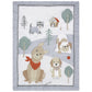 Nursery quilt measuring 35 in x 45 in and has five furry friends on the front with a glacier gray herringbone print, sketch gray dot print and a dog bone scatter print border. The back features illustrated puppy pals, paw prints, trees, dog toys and house