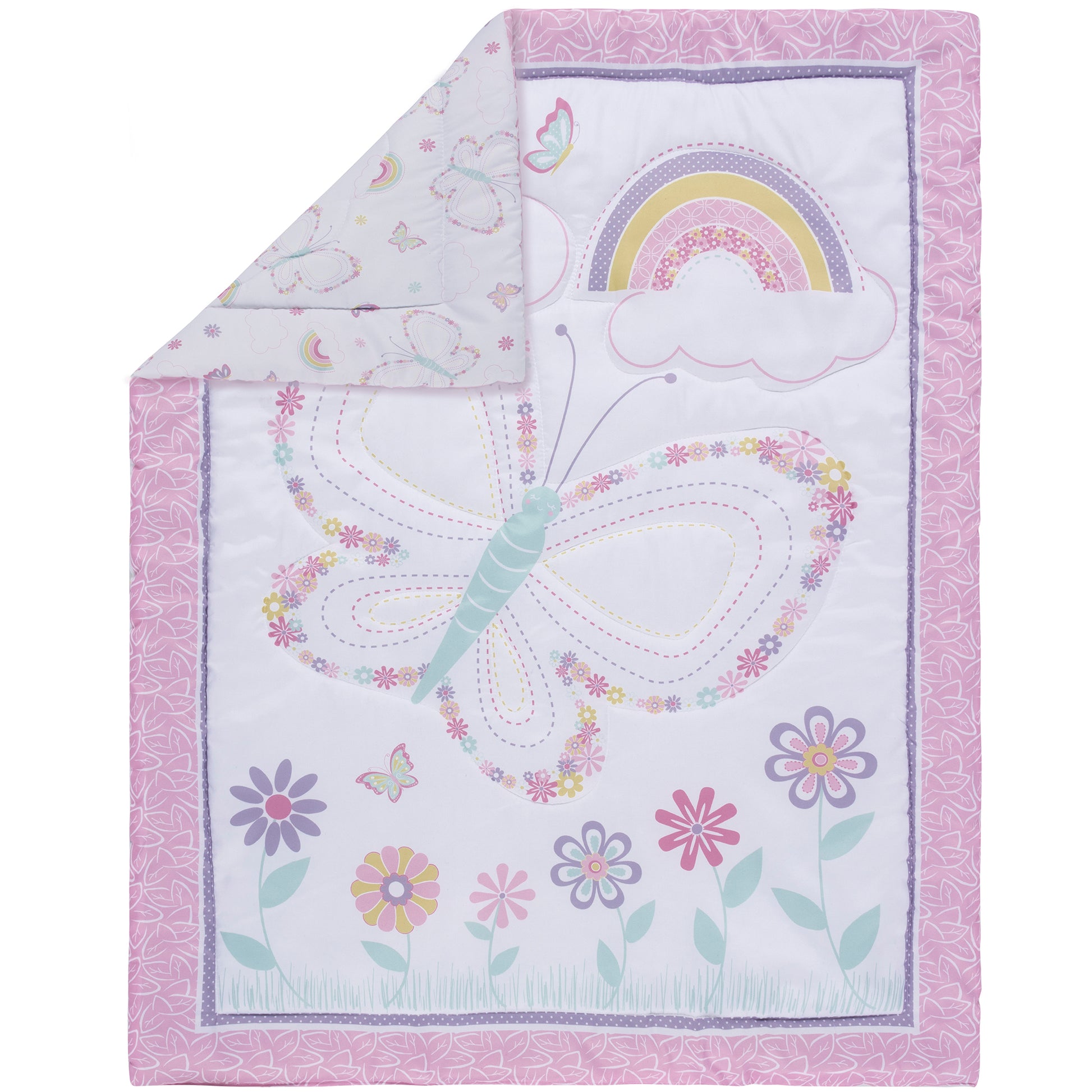  Floral Butterfly 4 Piece Crib Bedding Set; nursery quilt with folded corner