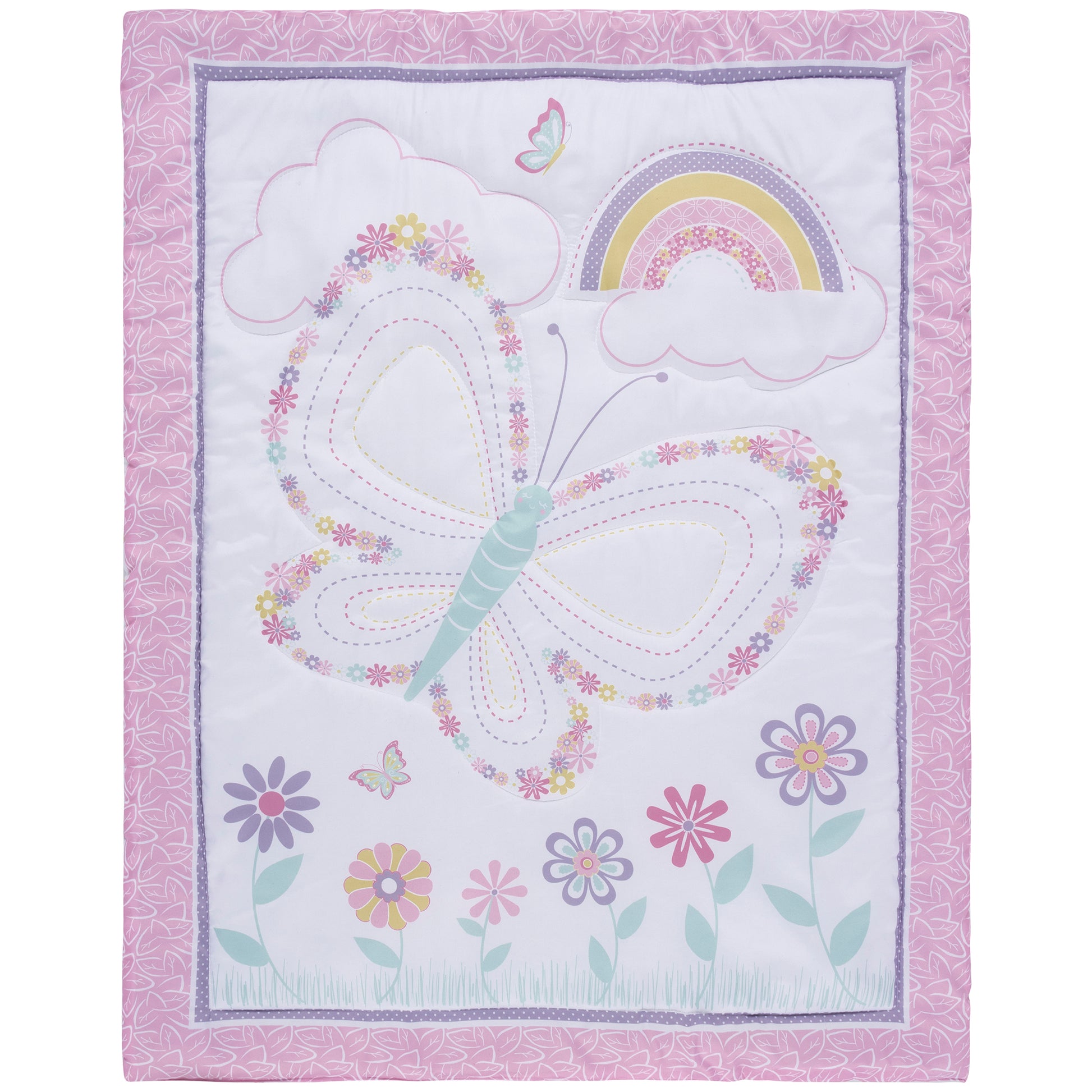  Floral Butterfly 4 Piece Crib Bedding Set; nursery quilt features flowers growing with a big floral butterfly flying into the clouds where a rainbow appears in the sky. The quilt is bordered with a small orchid and white polka dot trim and light pink wit