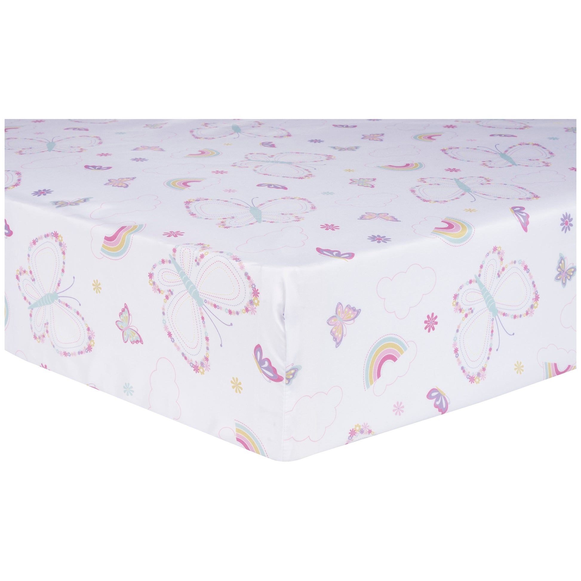  Floral Butterfly 4 Piece Crib Bedding Set; corner view, crib sheet features a scattered print of floral butterflies, clouds, flowers, and rainbows in pink, light yellow, cool blue and orchid.