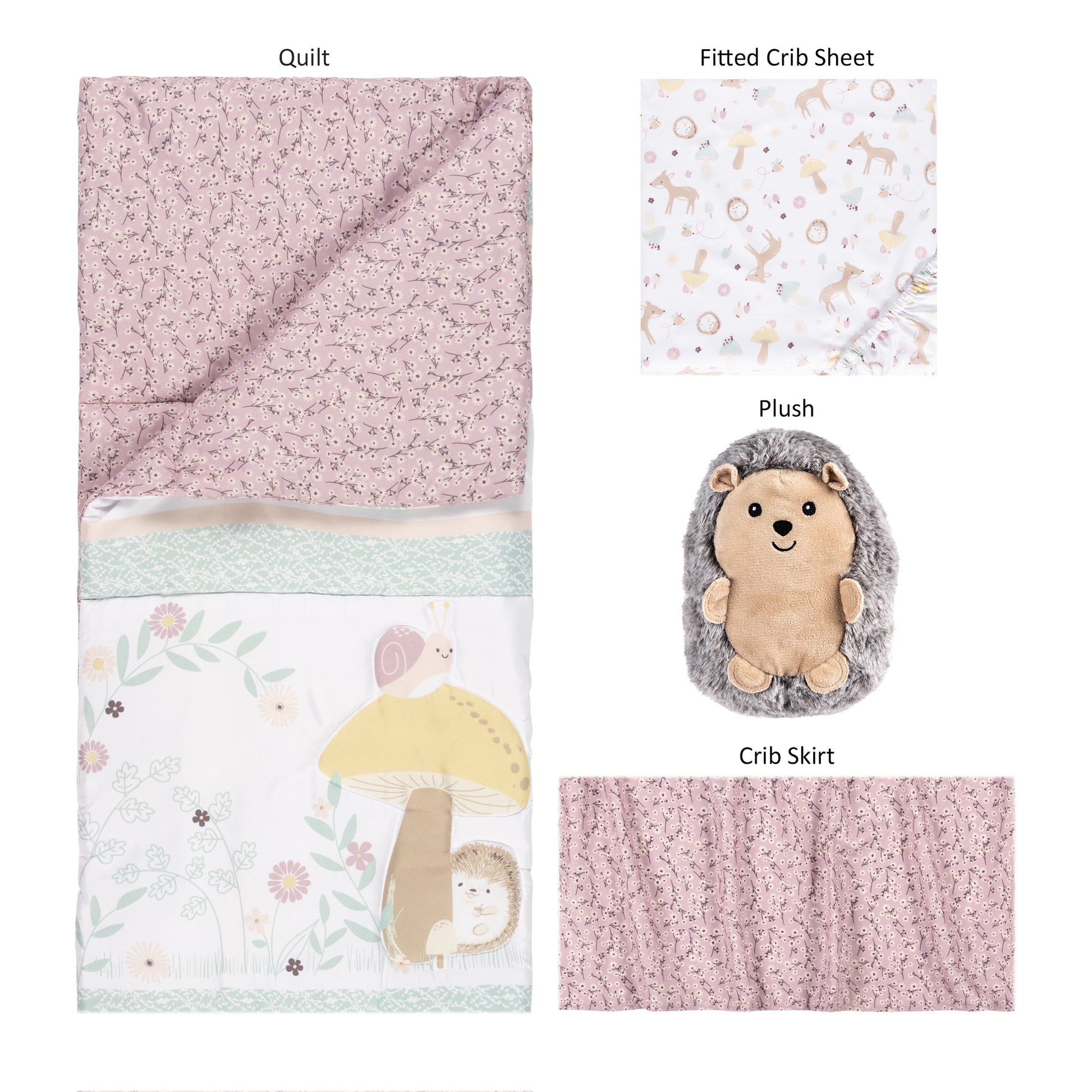  Enchanted Garden 4 Piece Crib Bedding Set by Sammy & Lou®; pieces laid out includes, nursery quilt/playmat, crib sheet, crib skirt and hedgehog plush toy