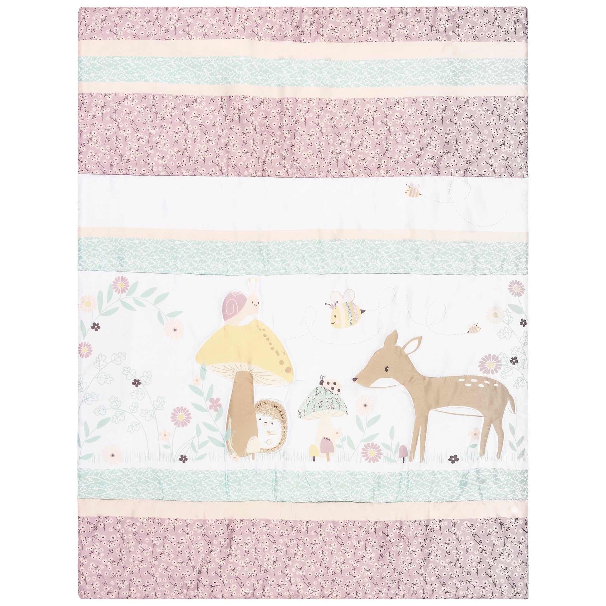  Enchanted Garden 4 Piece Crib Bedding Set by Sammy & Lou® nursery quilt/ playmat features adorable woodland animals and plants on the front with a lilac floral scatter print, blue haze line sketch print and pale peach blush strips. The back features the 