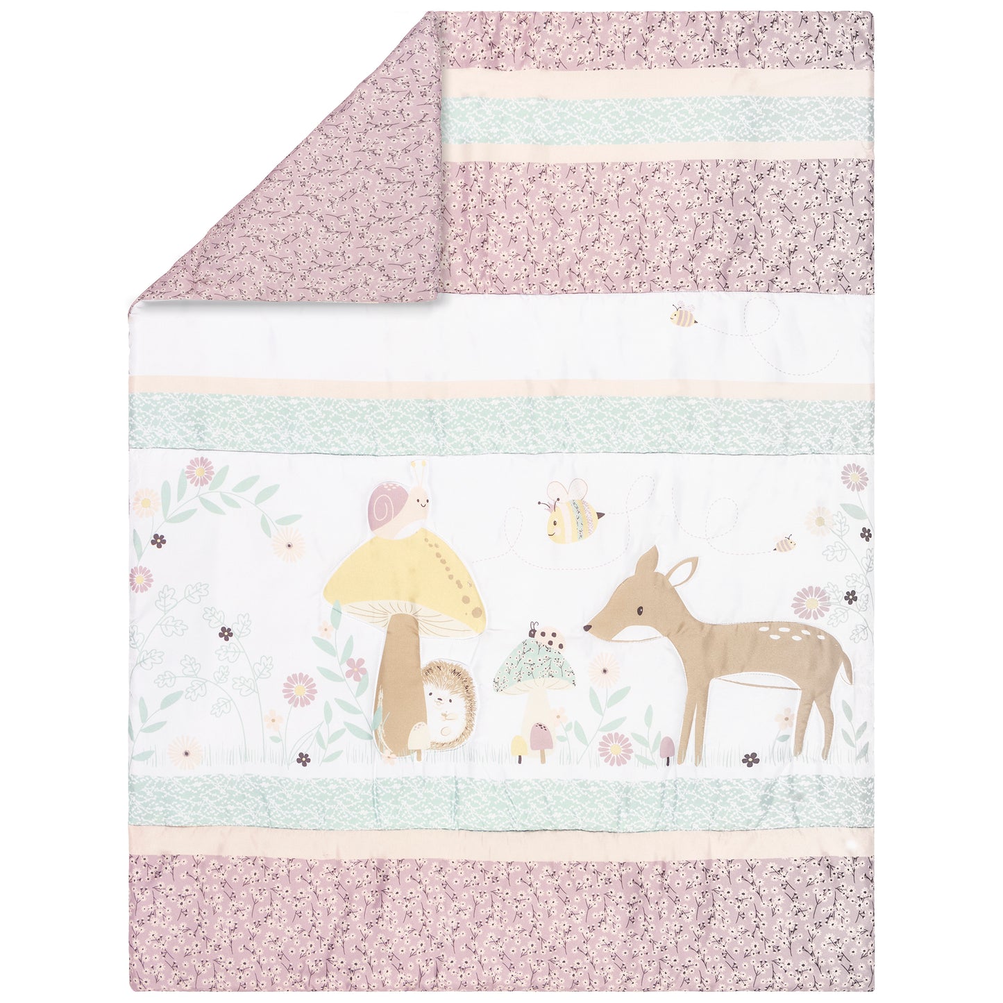  Enchanted Garden 4 Piece Crib Bedding Set by Sammy & Lou® nursery quikt/playmat with folded corner featuring reverse side 