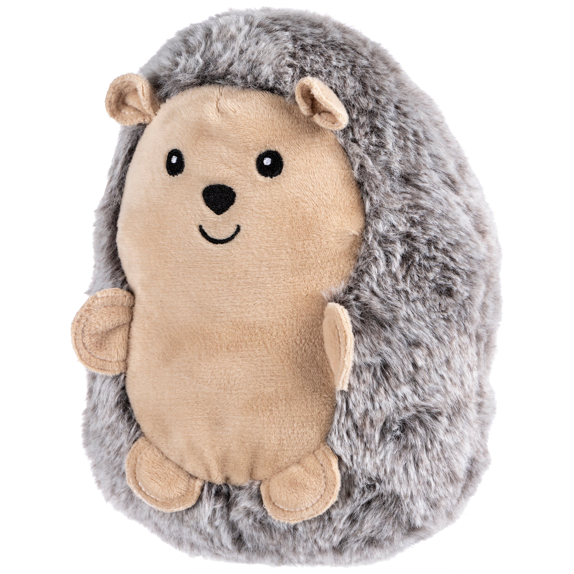 Hedgehog plush toy is made of soft plush with a beige back, whisper white belly and face, pale peach blush feet and ears, and an iron gray embroidered face.