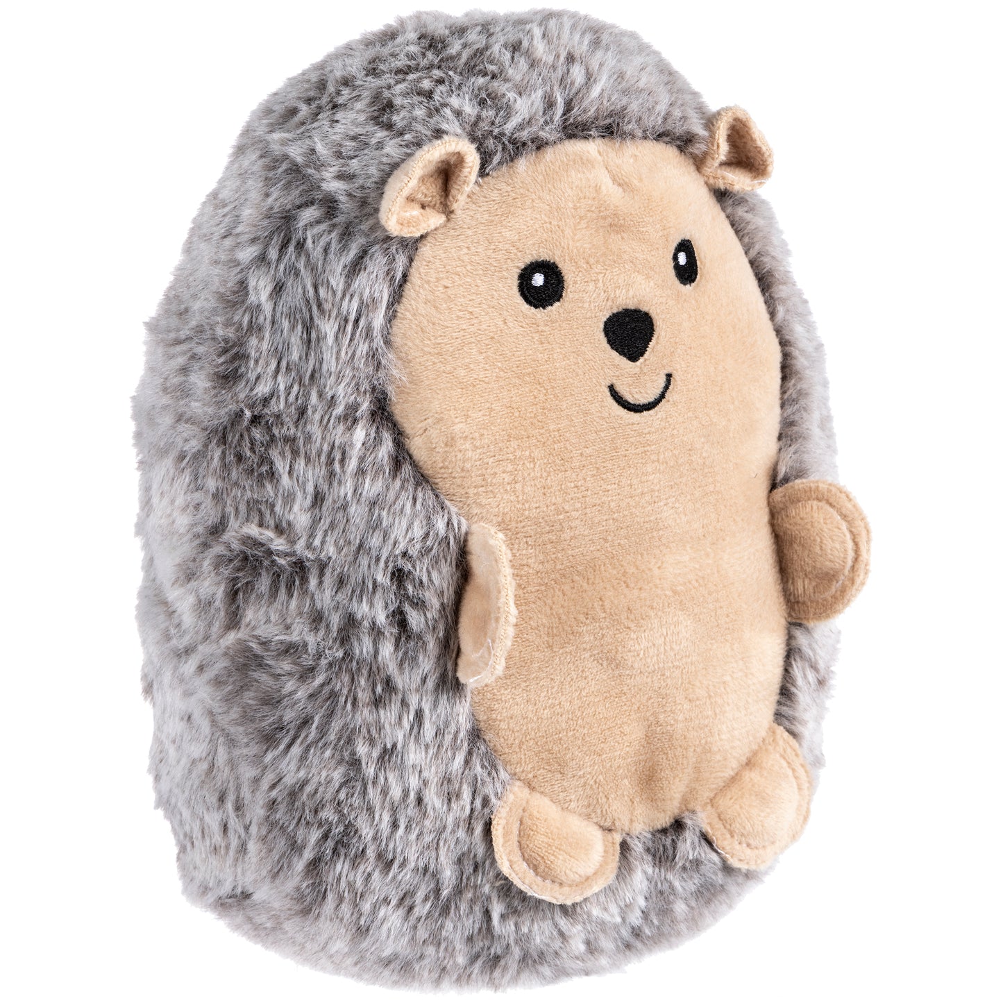 Hedgehog plush toy is made of soft plush with a beige back, whisper white belly and face, pale peach blush feet and ears, and an iron gray embroidered face.