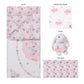  Blooming Ballet 4 Piece Crib Bedding Set pieces laid out- features reversible crib quilt, bunny plush, crib sheet and crib skirt by Sammy and Lou