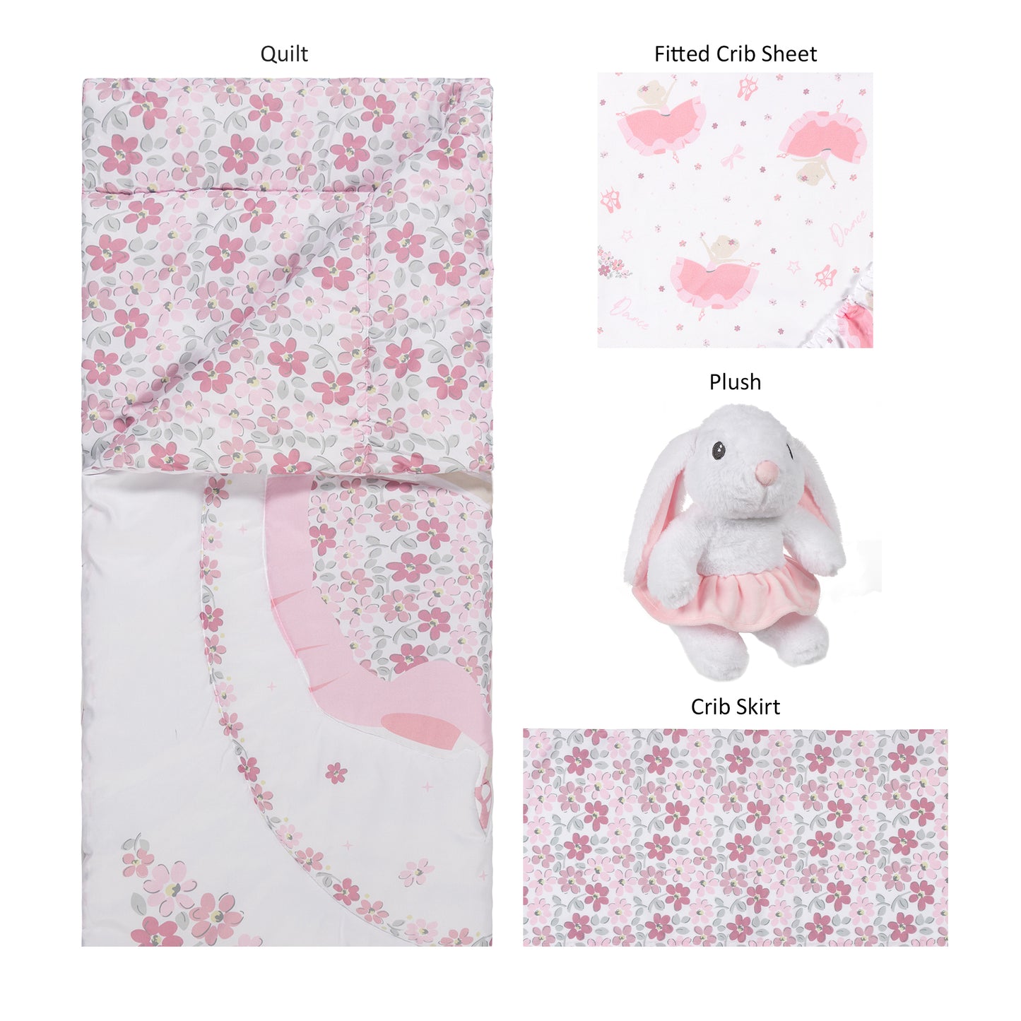  Blooming Ballet 4 Piece Crib Bedding Set pieces laid out- features reversible crib quilt, bunny plush, crib sheet and crib skirt by Sammy and Lou