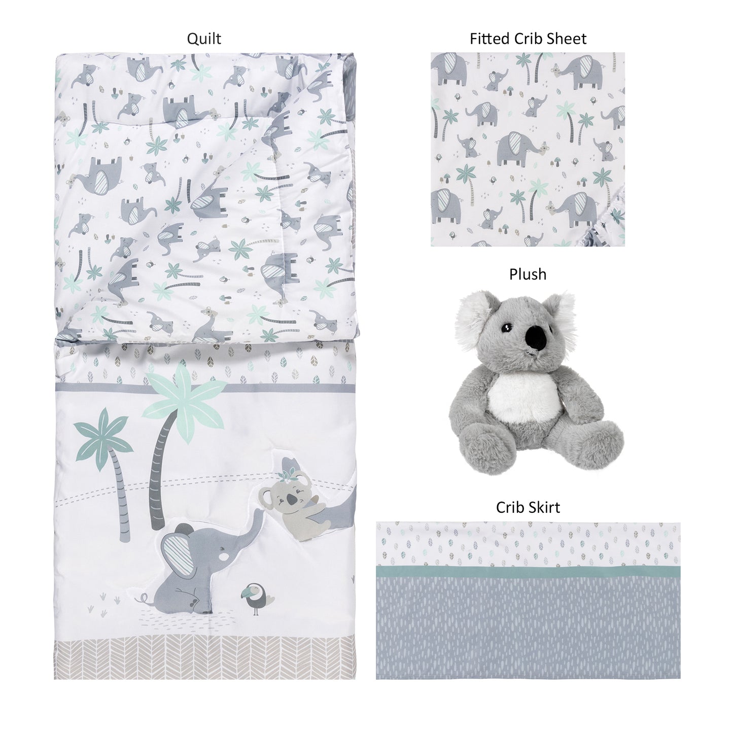  Ellie & Friends 4 Piece Crib Bedding Set ; pieces laid out includes nursery quilt, crib sheet, koala plush toy, crib skirt