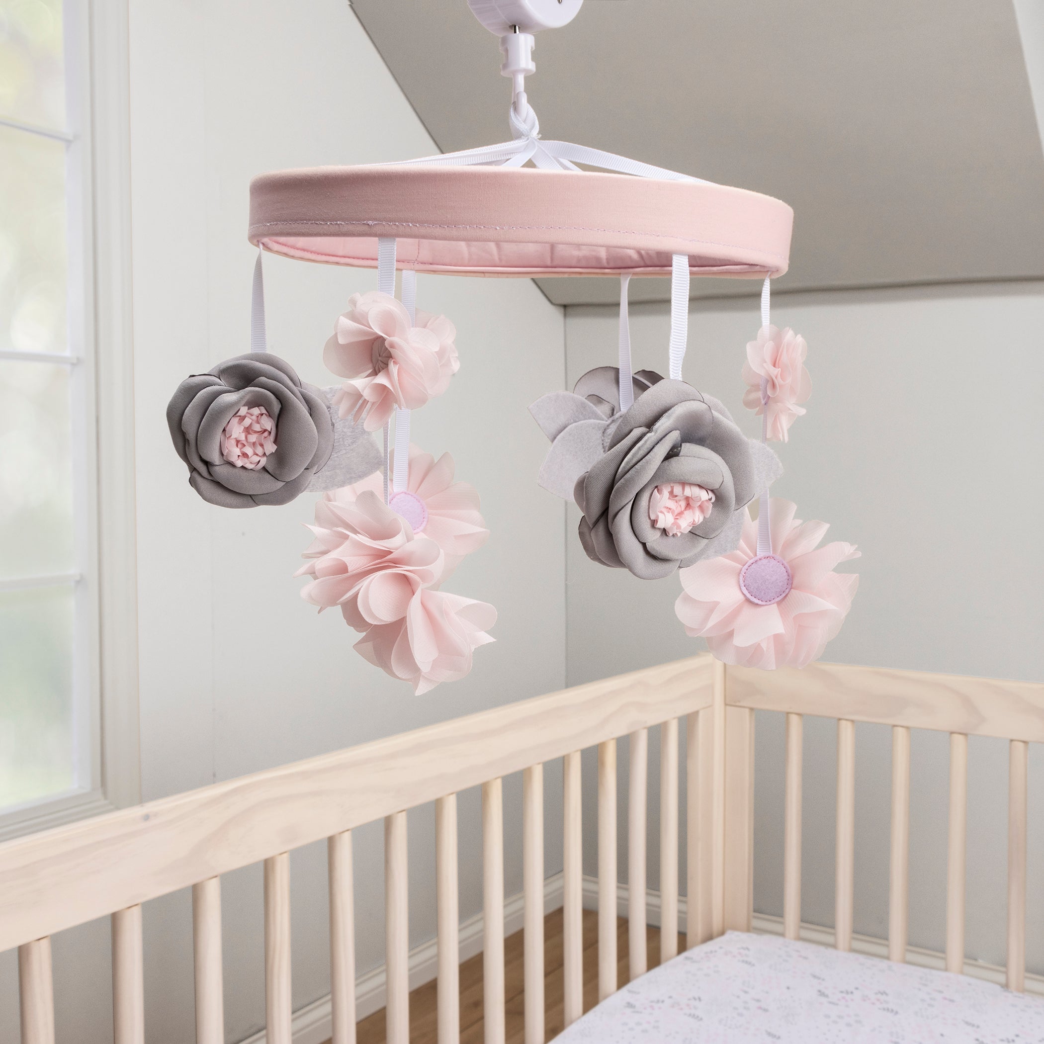 Pink and grey store cot mobile