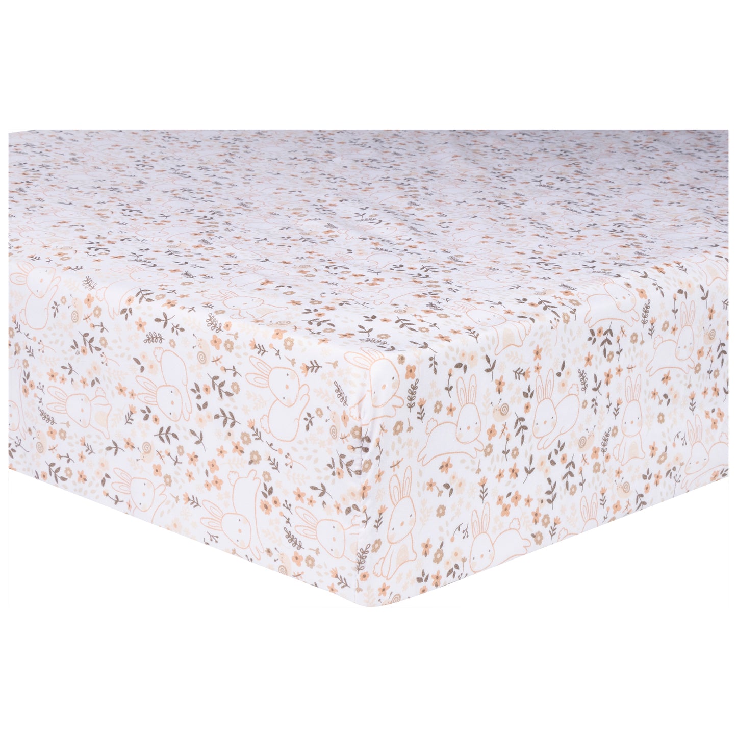 Fitted crib sheet fits standard crib mattress 28 in x 52 in with 8-inch-deep pockets and is fully elasticized for a secure fit. Crib sheet features sweet little cottontail bunnies surrounded by flowers in soft pink, rose, opal gray and mushroom.