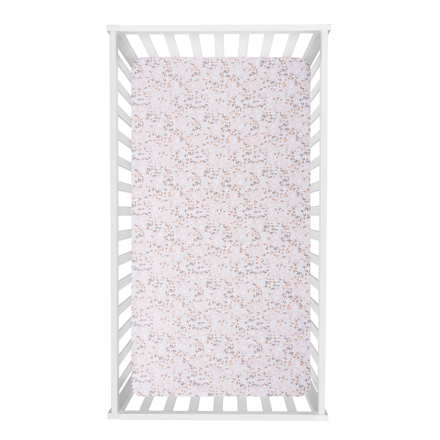 Fitted crib sheet fits standard crib mattress 28 in x 52 in with 8-inch-deep pockets and is fully elasticized for a secure fit. Crib sheet features sweet little cottontail bunnies surrounded by flowers in soft pink, rose, opal gray and mushroom.