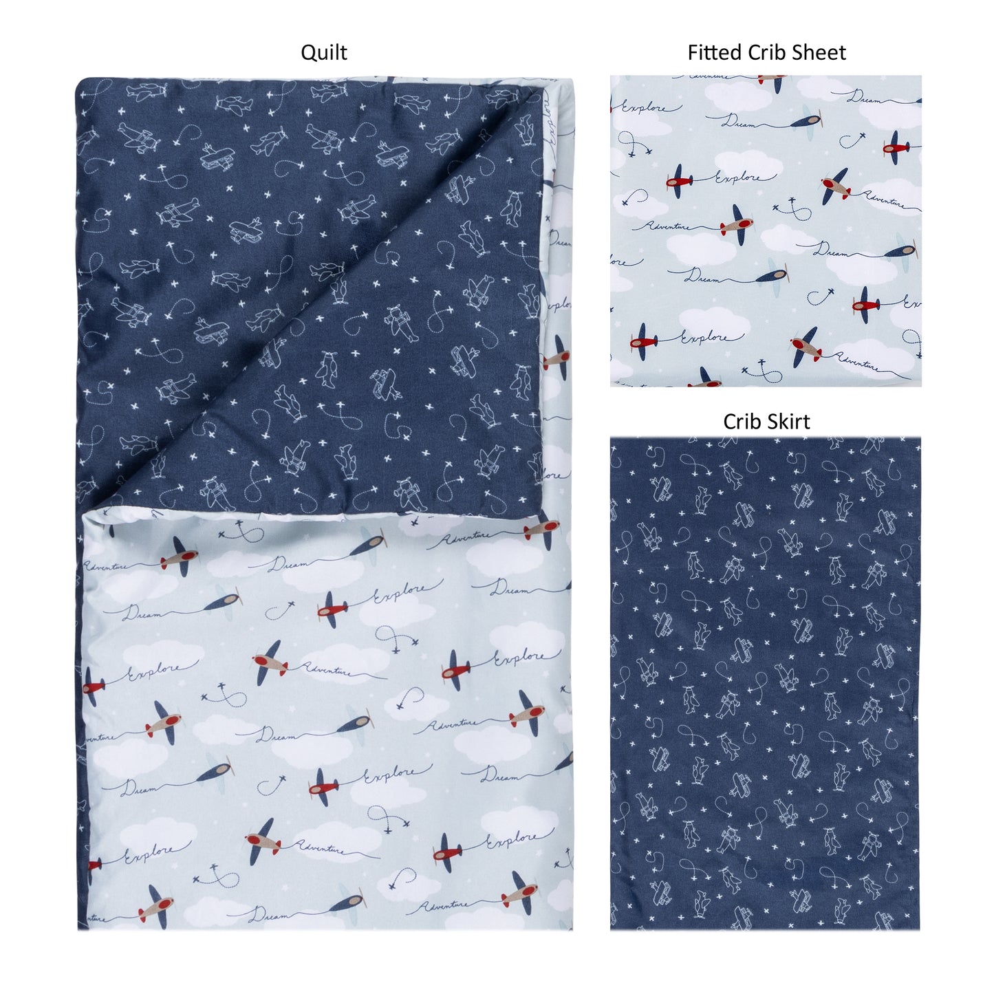 Air Travel 3 Piece Crib Bedding Set by Sammy & Lou® - 3 pieces laid out, includes crib quilt, crib sheet, and crib skirt