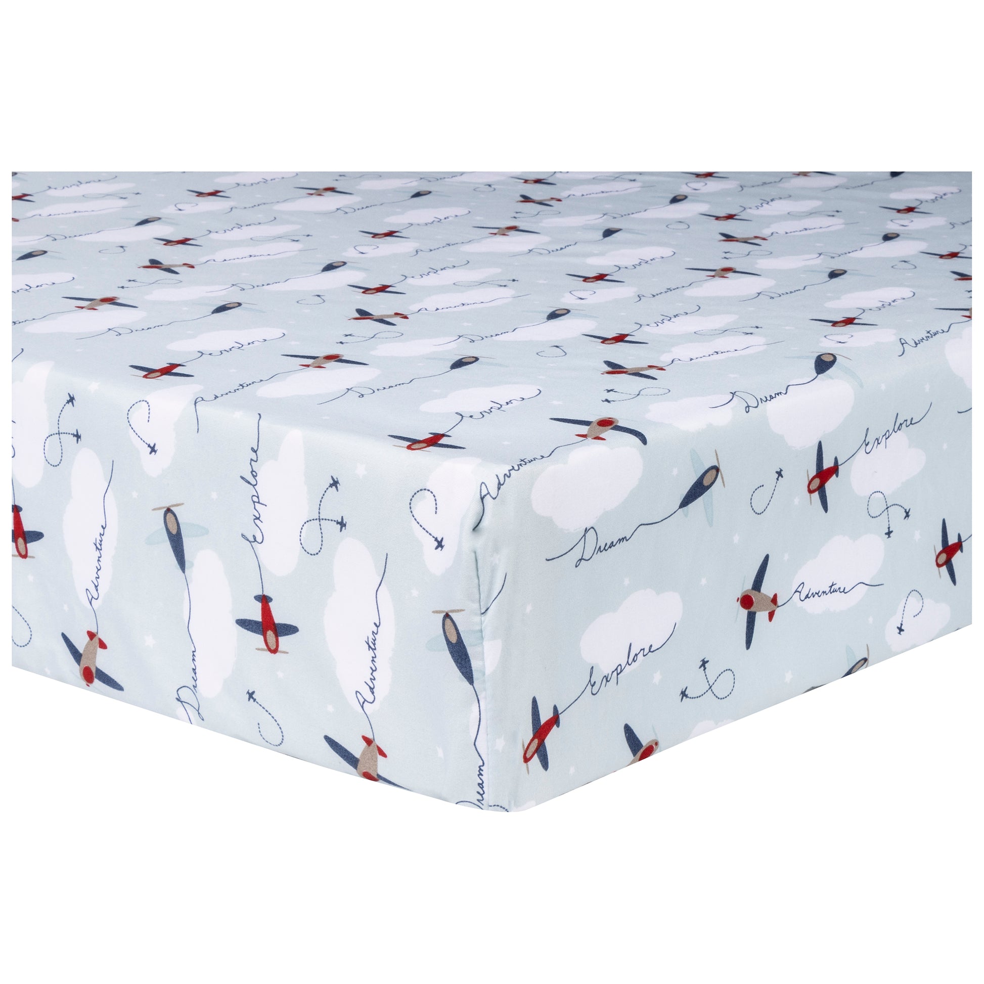 Air Travel 3 Piece Crib Bedding Set by Sammy & Lou® - corner view with blue background and red and navy airplanes