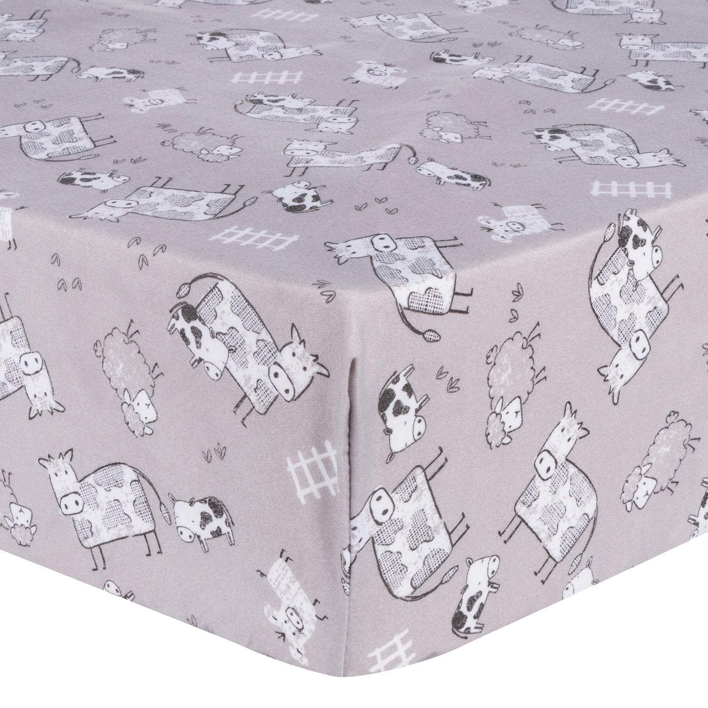 Crib Sheet corner view- pattern features a scattered farm animal print featuring a mama cow, baby cow, with their pig and sheep friends wandering through a farm field in a neutral palette of glacier gray, bedtime gray and white.