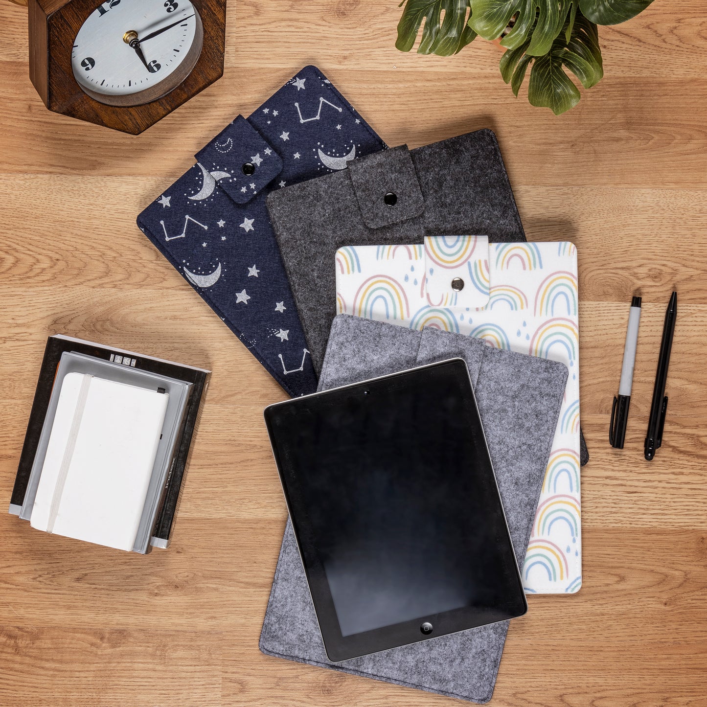  Felt Tablet Sleeve Carrying Case Collection; includes solid gray, rainbow print, and constellation print