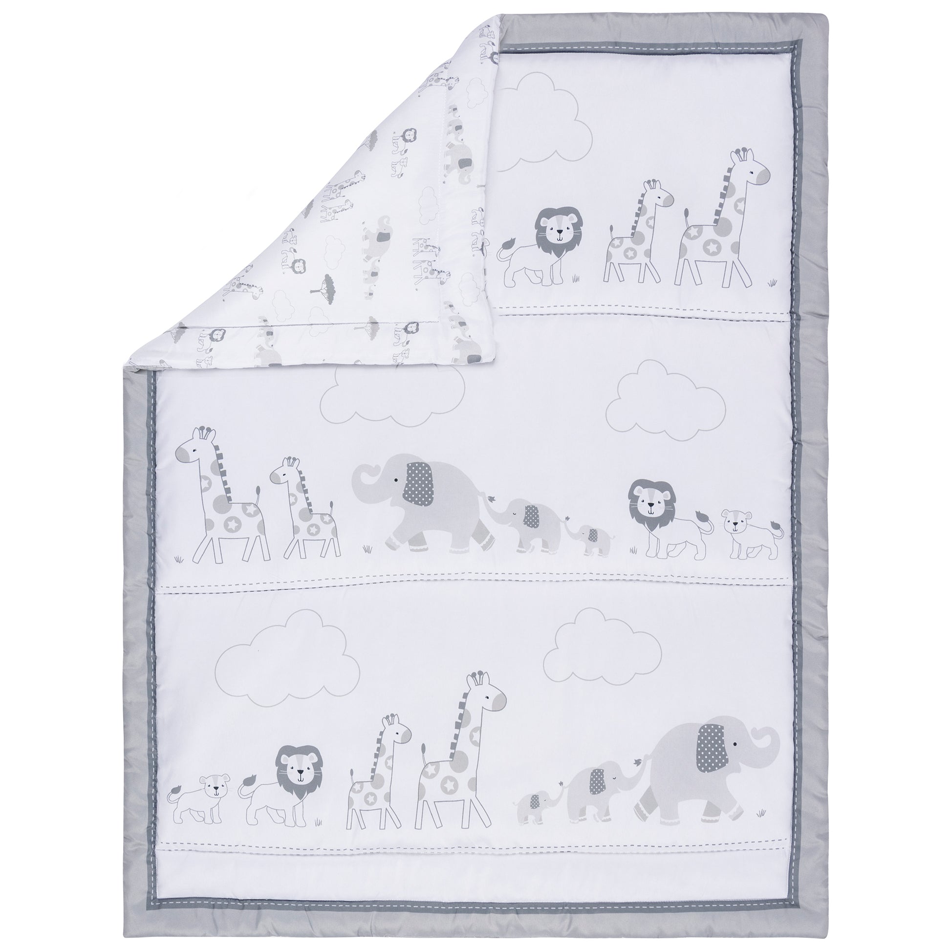 Nursery quilt measures 35 in x 45 in features safari animals on the front walking through the desert in glacier gray, paloma gray and bedtime gray on a white background. The back features the same theme in a small scatter print.