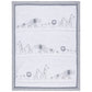 Nursery quilt measures 35 in x 45 in features safari animals on the front walking through the desert in glacier gray, paloma gray and bedtime gray on a white background. The back features the same theme in a small scatter print.