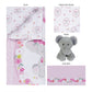 Elephant Garden 4 Piece Crib Bedding Set by Sammy & Lou®- pieces laid out. Pieces include nursery quilt/playmat, fitted crib sheet, crib skirt and elephant plush toy