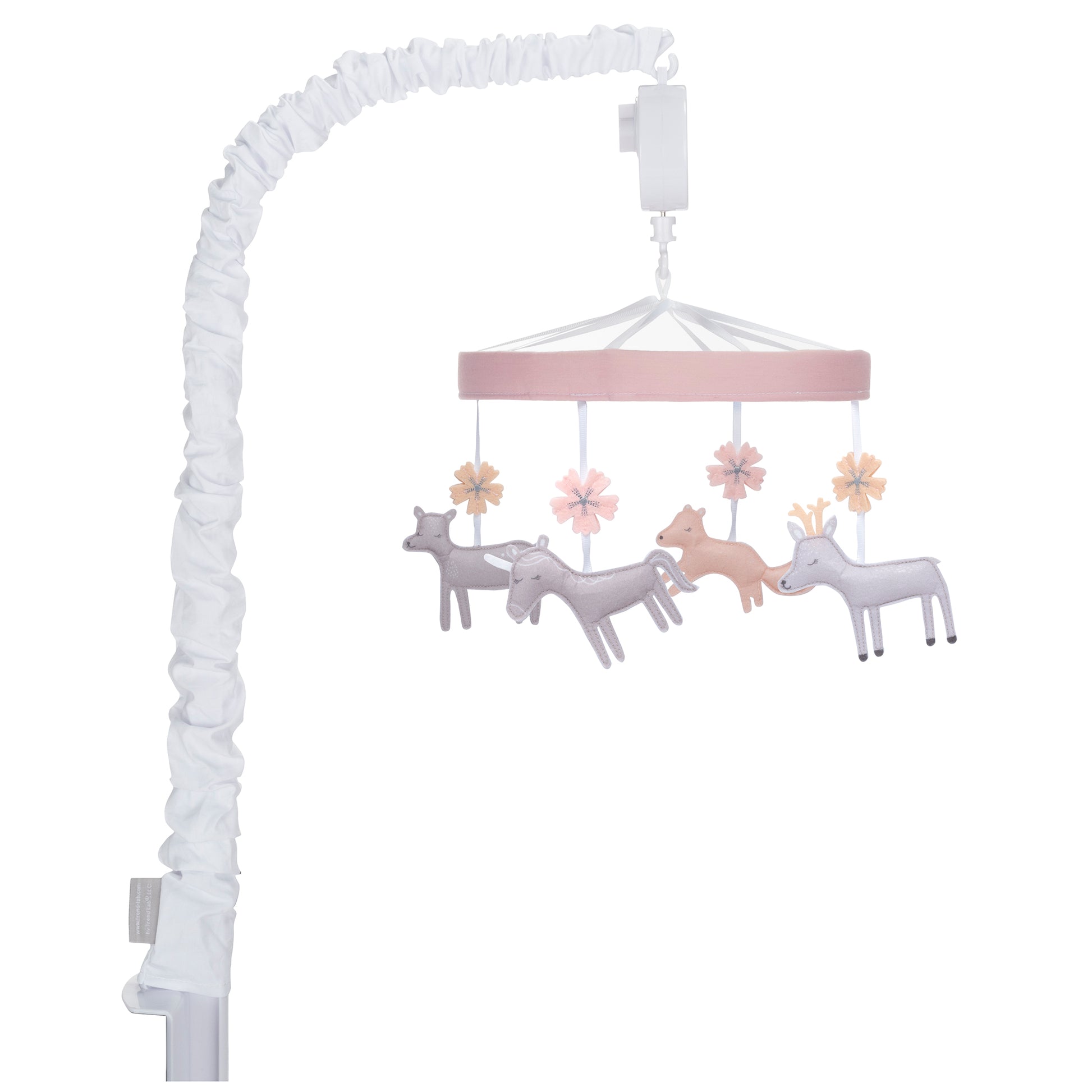  Forest Garden Musical Crib Baby Mobile- Four felt whimsical forest critters with a flower in colors of pinks and gray are suspended from decorative white ribbons to slowly rotate to Brahms’ Lullaby.