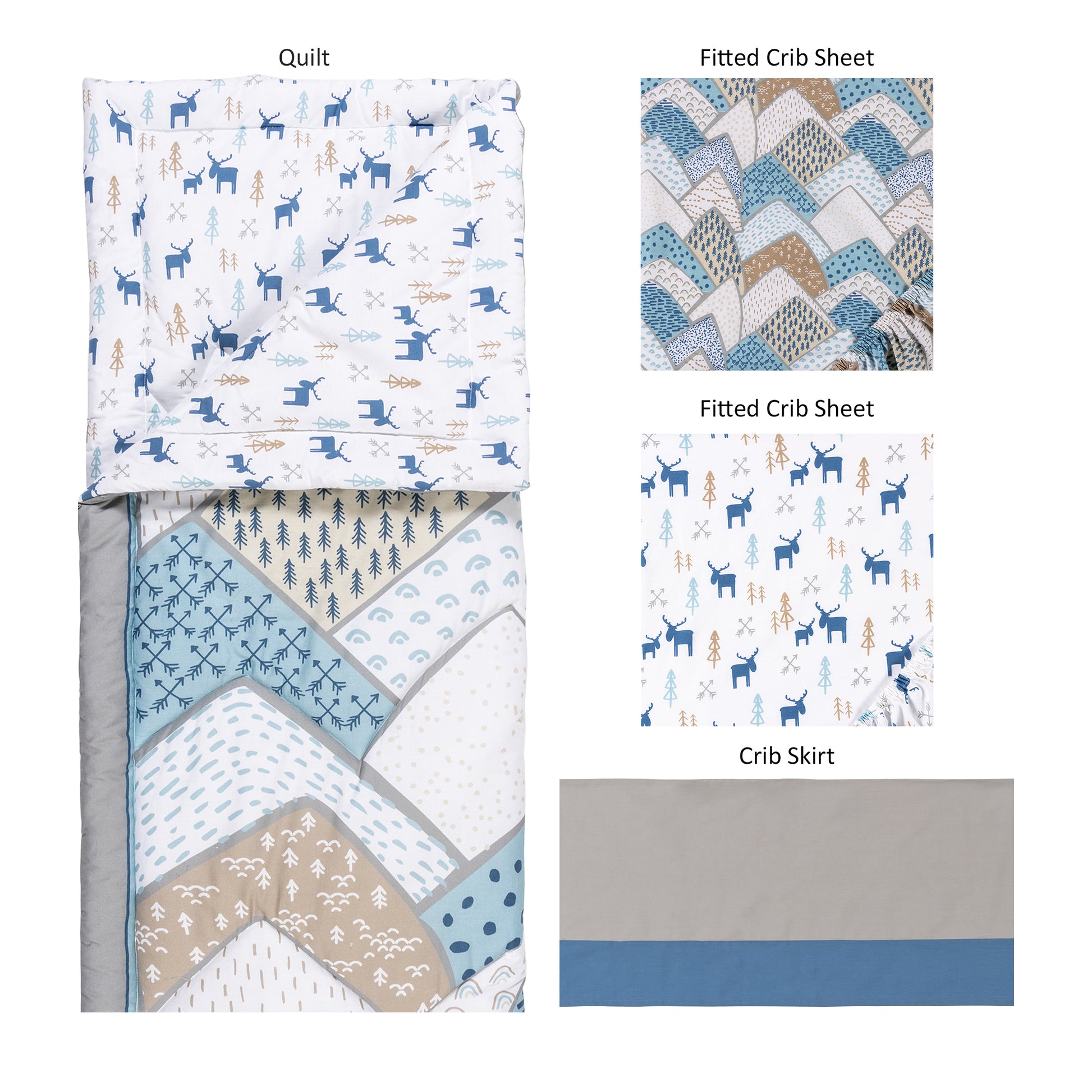 Big Sky 4 Piece Crib Bedding Set- 4 Pieces laid out of crib quilt, 2 crib sheets, and crib skirt
