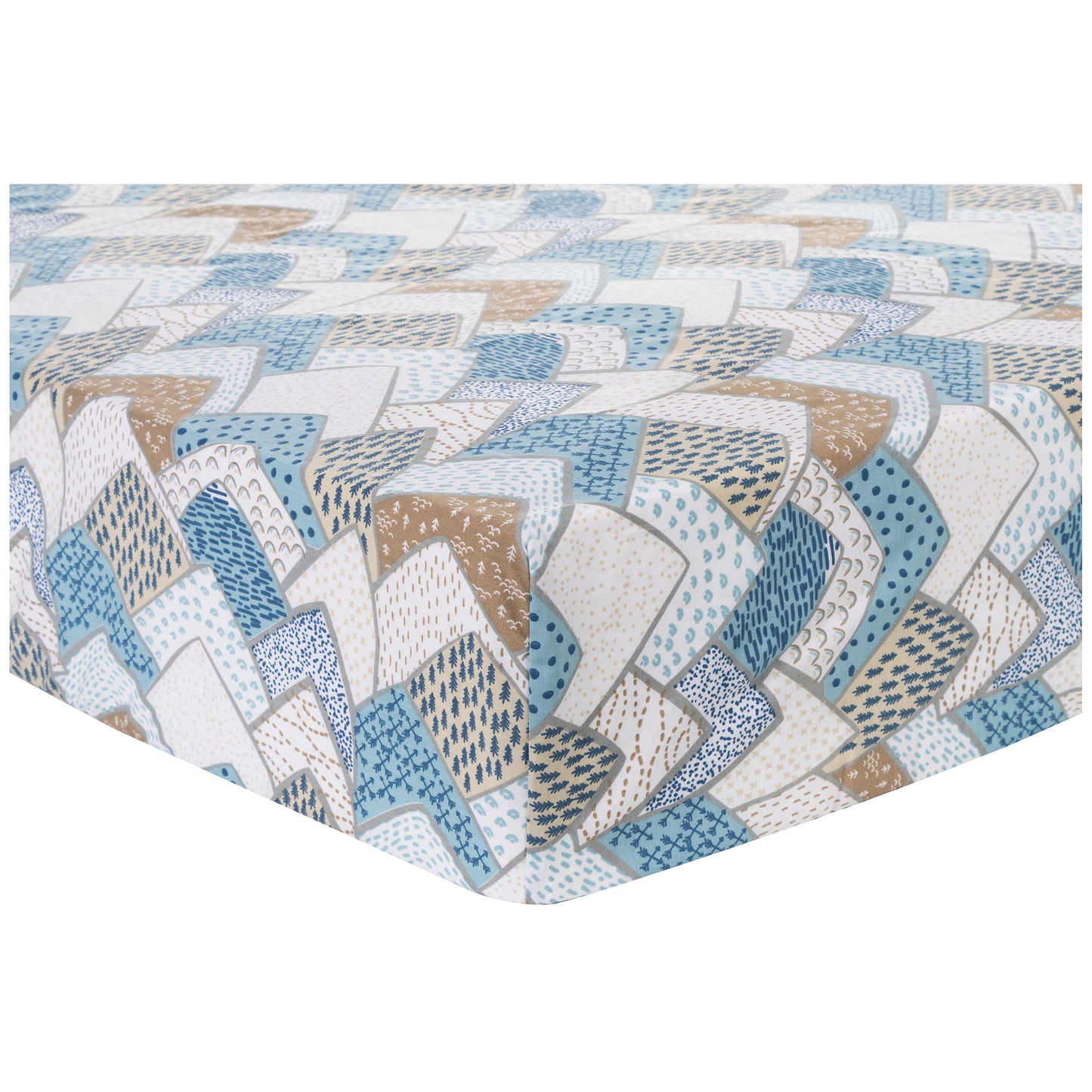 Corner View of Crib Sheet that features a multi-pattern mountain print.