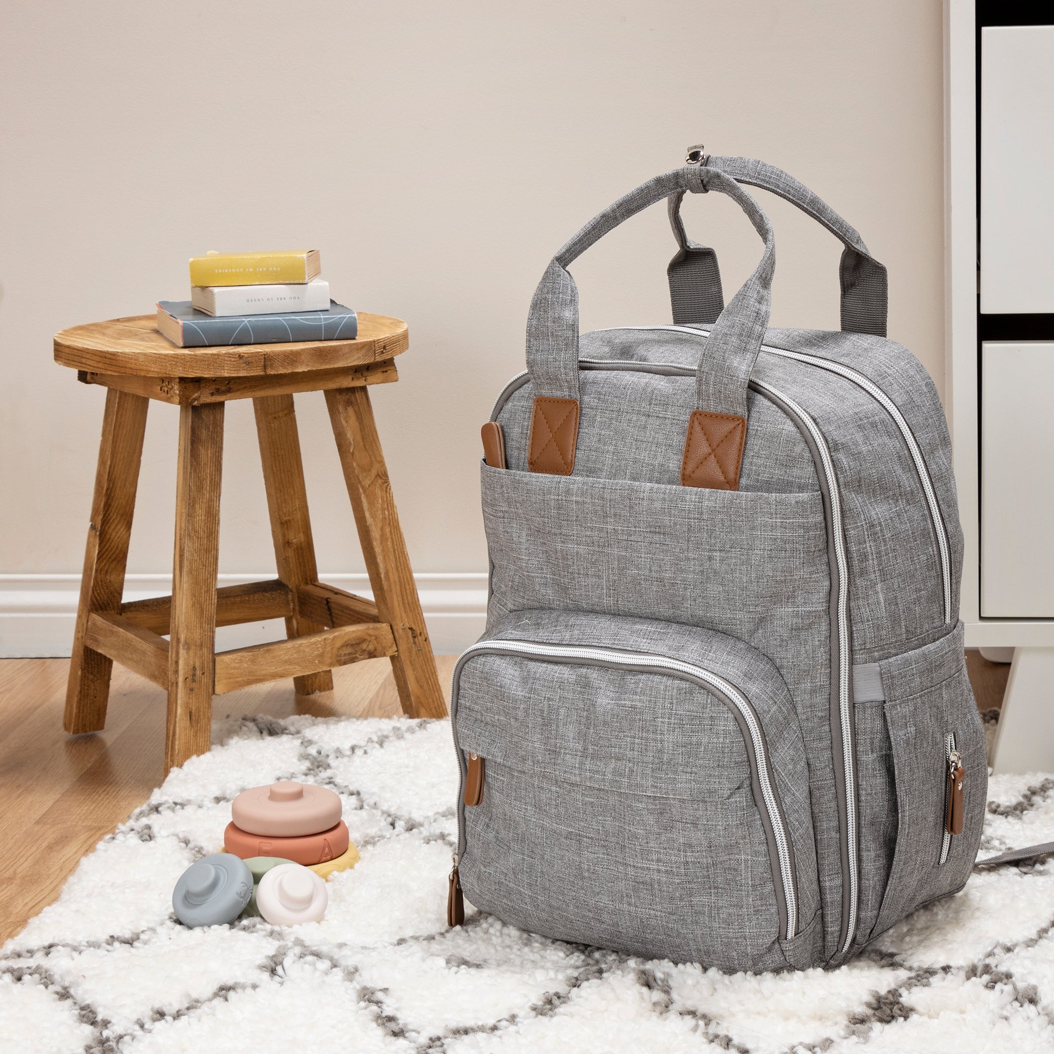 Gray backpack diaper hot sale bag