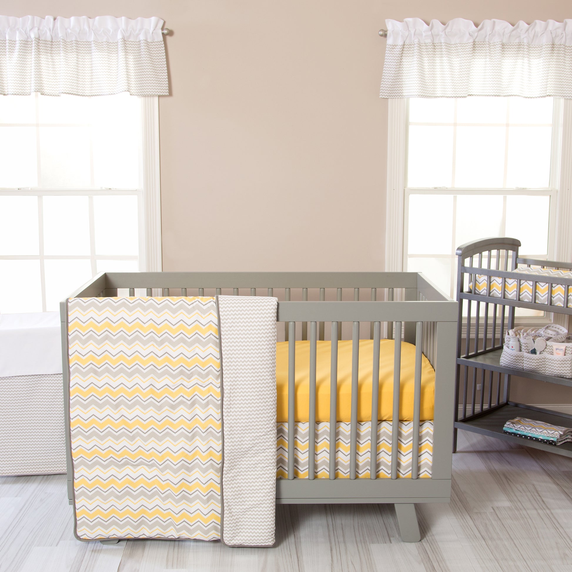 Buttercup Zigzag 3 Piece Crib Bedding Set in a stylized room