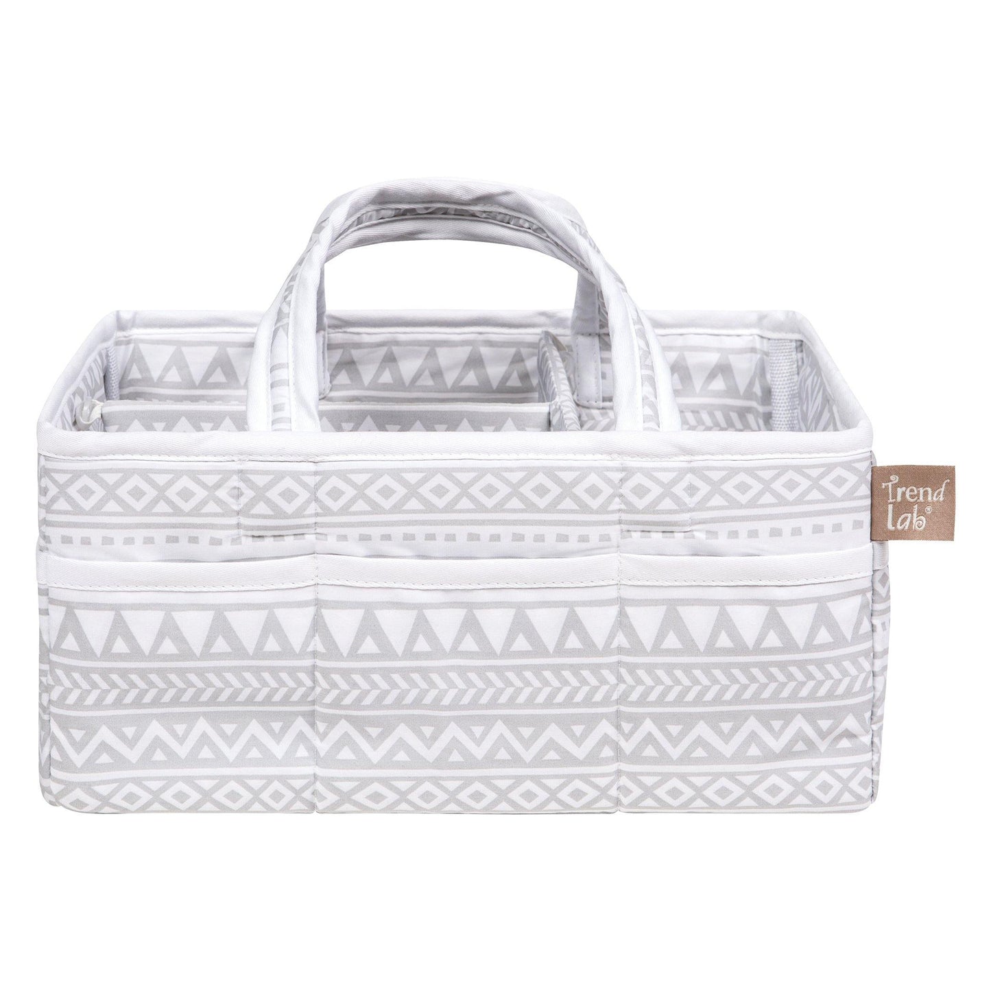 Aztec Forest Storage Caddy Main Image- The body, lining and handles feature an Aztec print in gray and white and a solid white trim.