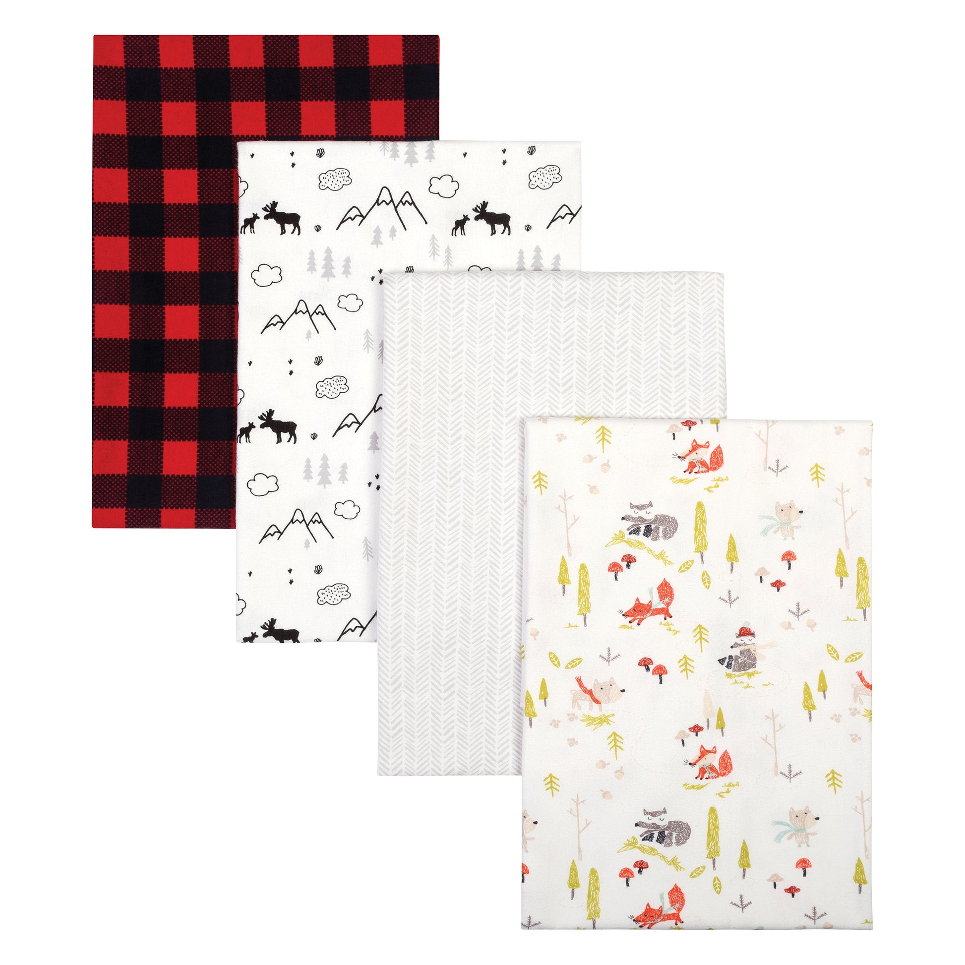 Buffalo Check Woodland 4 Pack Flannel Blankets laid out