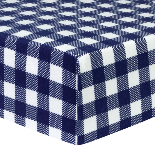 Navy and White Buffalo Check Deluxe Flannel Fitted Crib Sheet - corner view