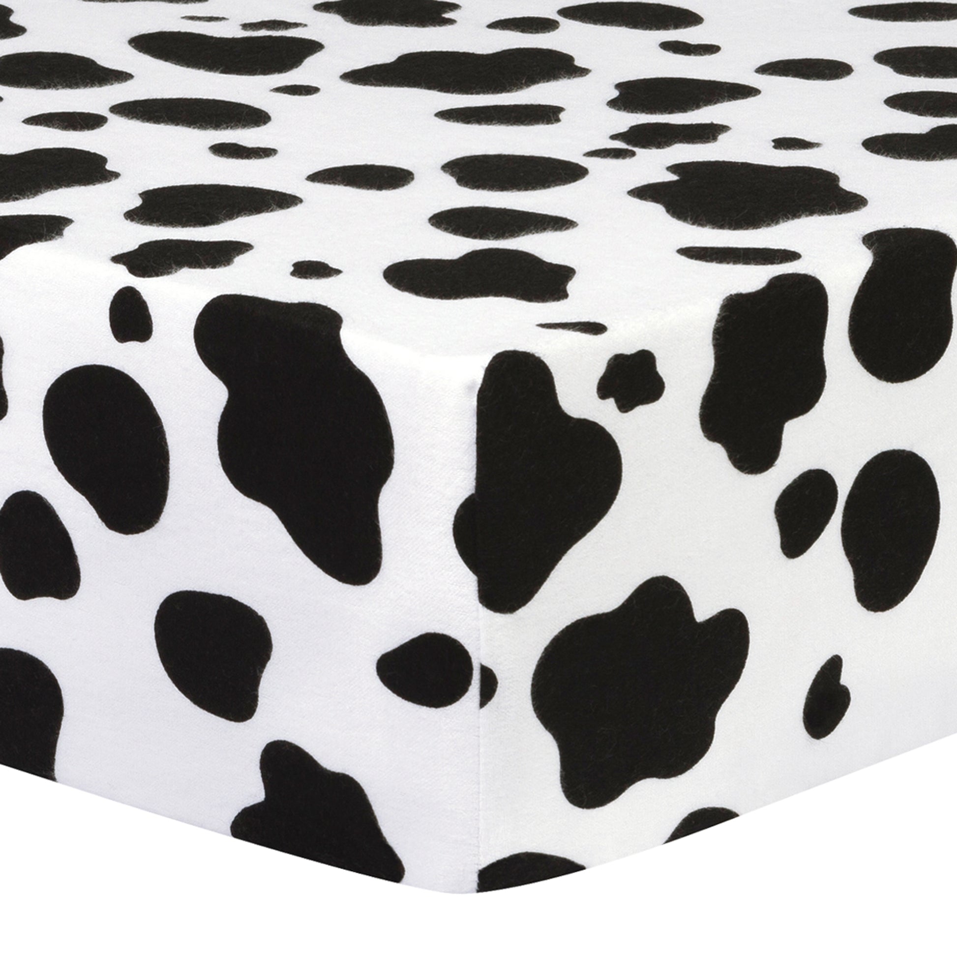 Black & White Cow Print Deluxe Flannel Fitted Crib Sheet - Corner View