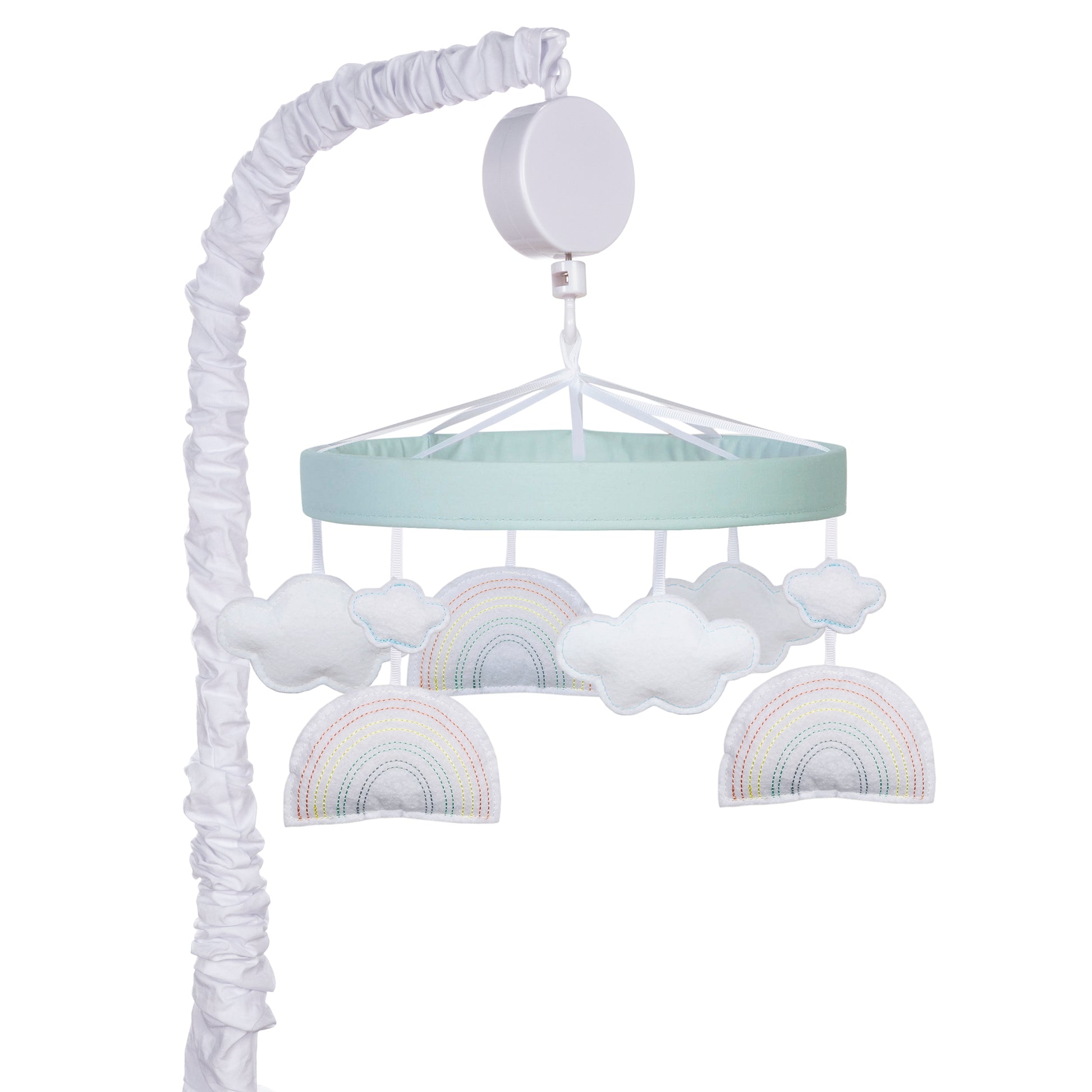 Encourage eye tracking and sound perception skills with this Rainbow Clouds Musical Crib Mobile by Trend Lab.