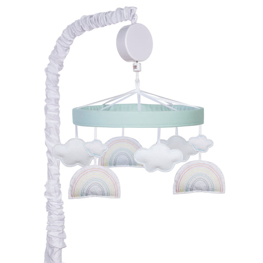 Encourage eye tracking and sound perception skills with this Rainbow Clouds Musical Crib Mobile by Trend Lab.