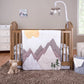 Mountain Baby 3 Piece Bedding Set by Trend Lab features appliques of multi textured and multi patterned mountains with a neutral gray color palette.