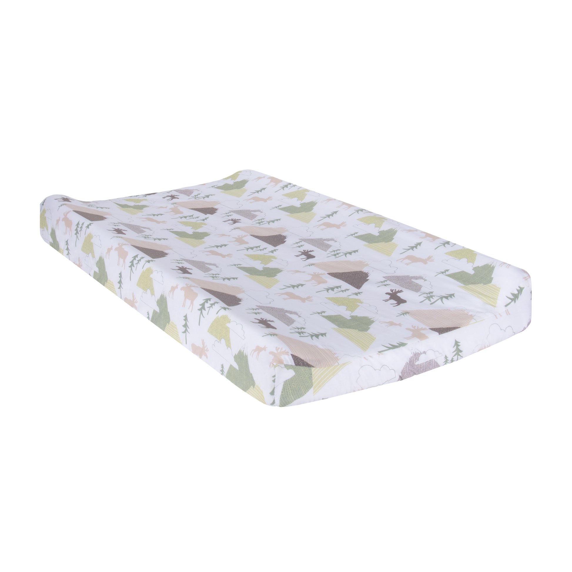 The Mountain Baby Changing Pad Cover features multi-patterned mountains, Mama moose and baby moose and pine trees in multi-hued greens and grays.