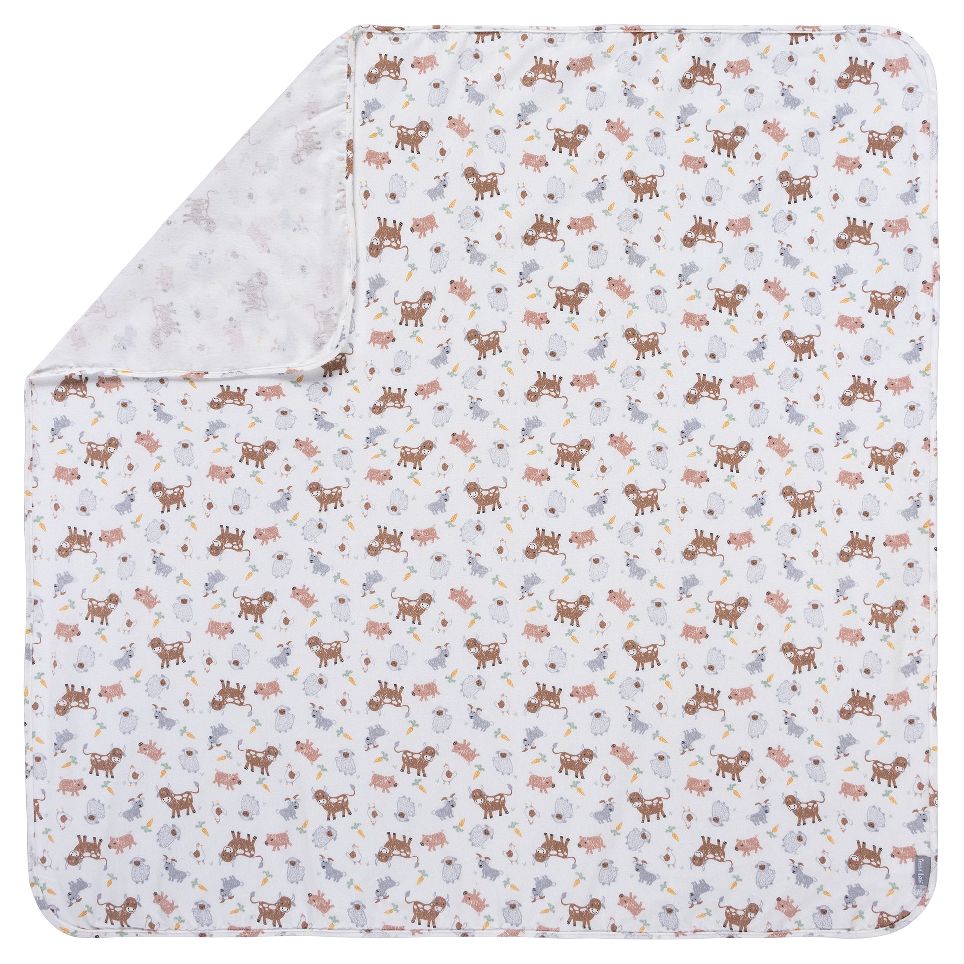 Farm Friends Jumbo Flannel Swaddle Blanket - Laid out view with corner flipped