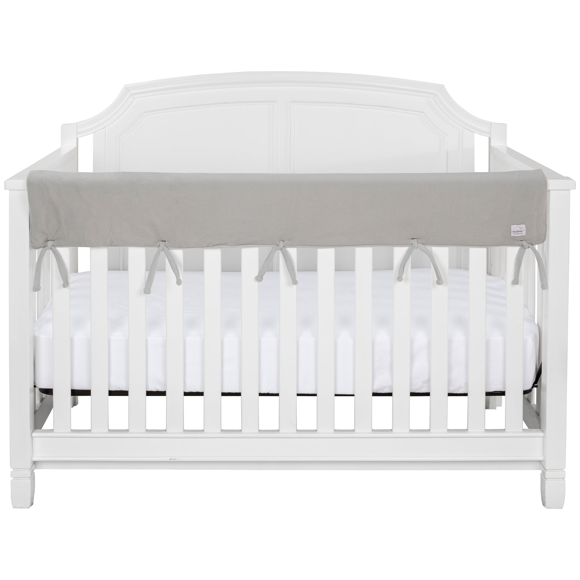 CribWrap® Wide 1 Long Gray Fleece Rail Cover on a white crib