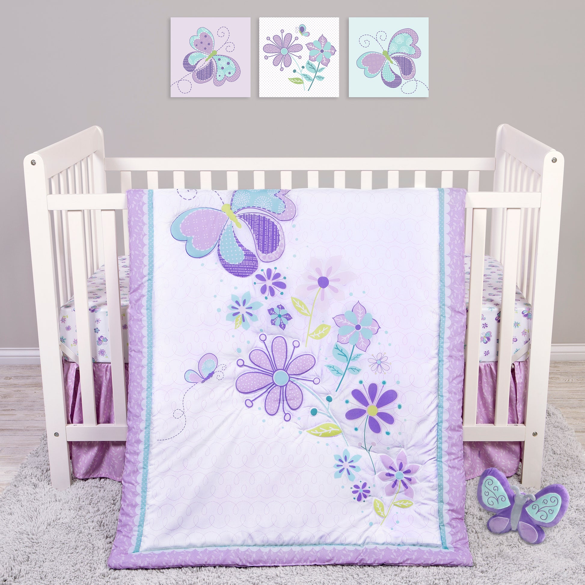 Sammy and Lou Butterfly Meadow 4 Piece Crib Bedding on a crib stylized